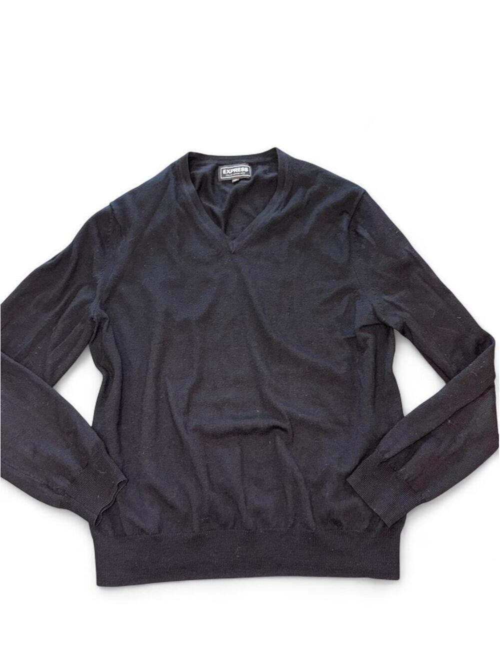 Express Men's V-Neck Sweater Size XL Black 100% Italian Merino Wool